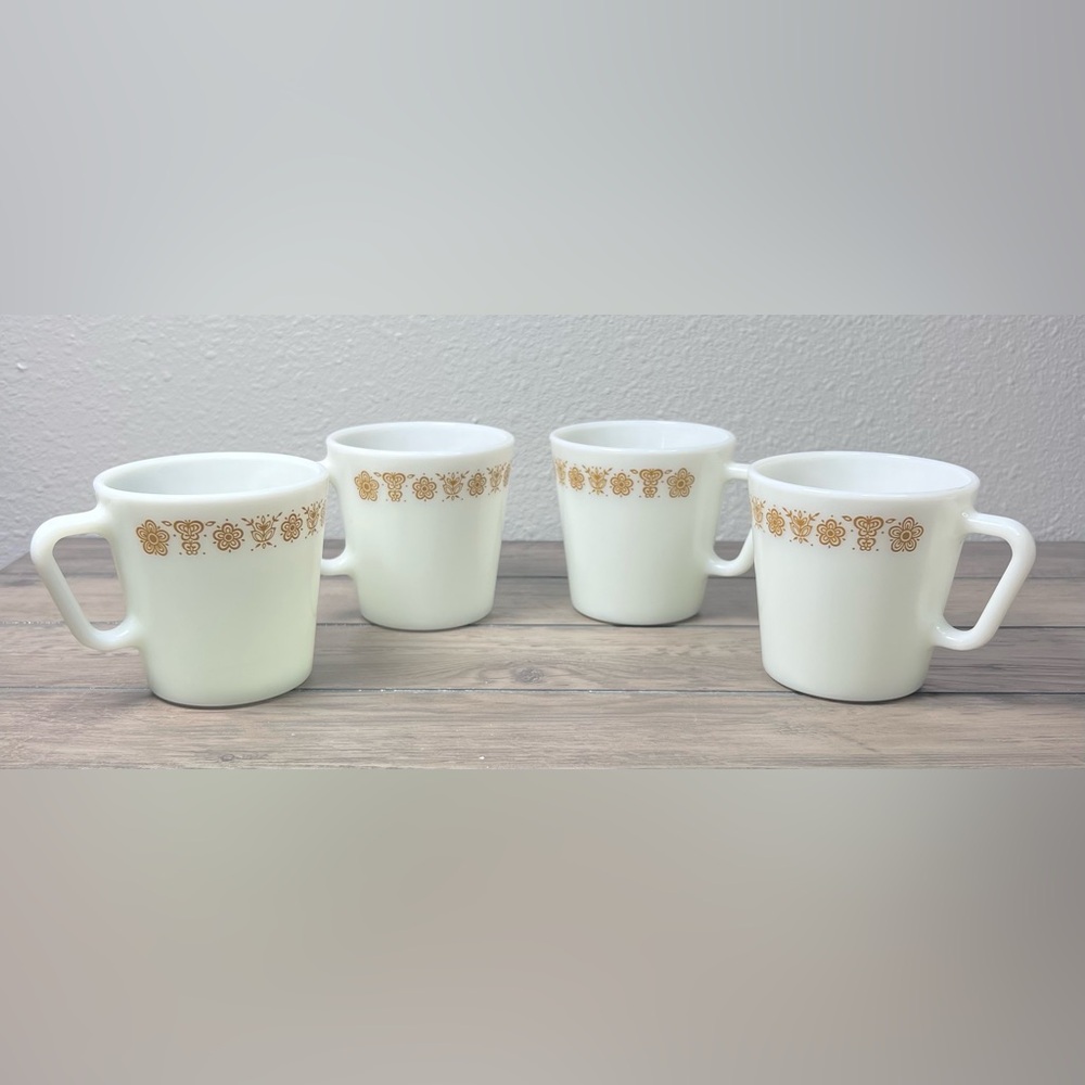 Vintage 1970’s Pyrex Butterfly Gold Coffee Mugs set/4 D-Handle Milk Glass